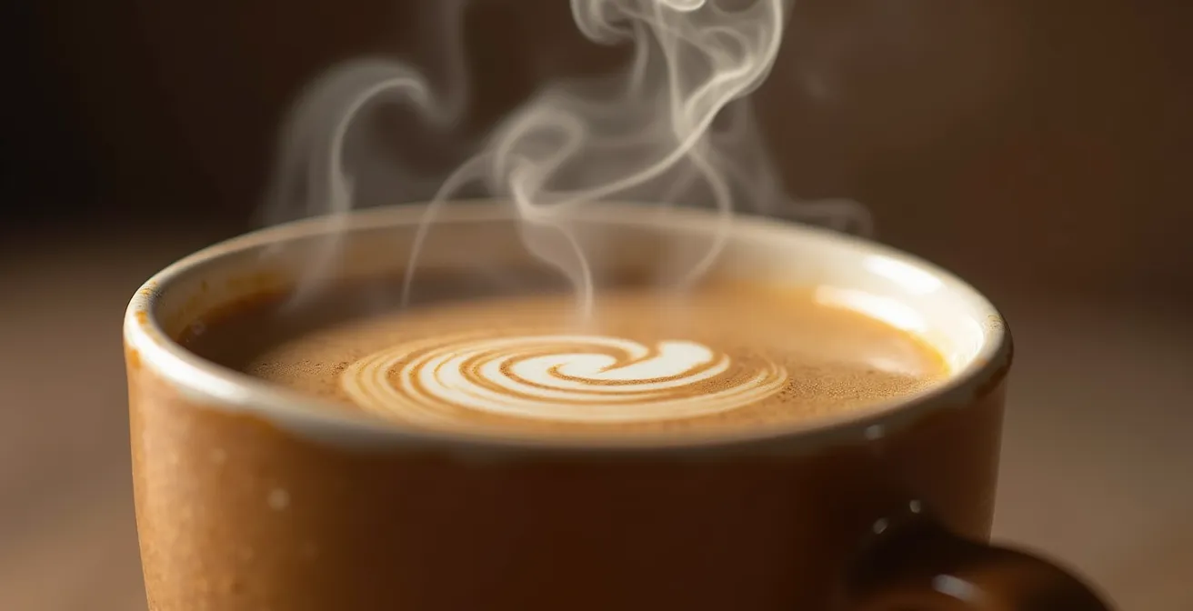 Macro shot of coffee cup rim with steam patterns showing different swirl formations