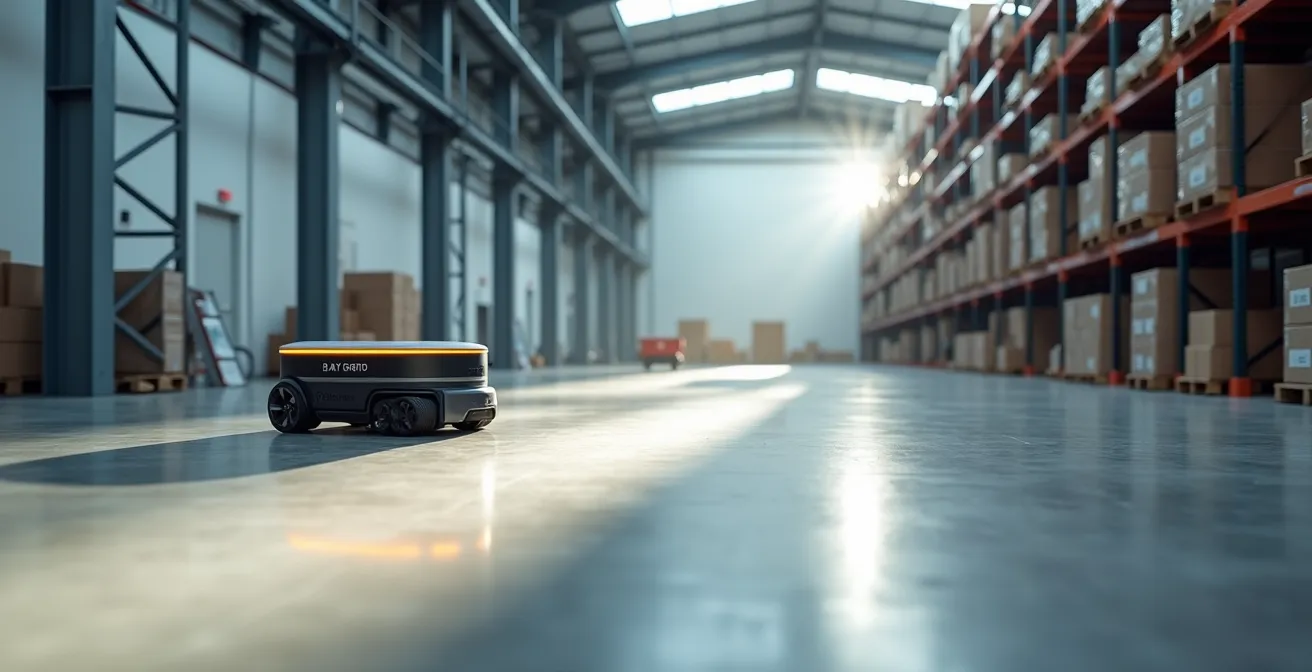 Wide angle view of autonomous mobile robot operating in spacious warehouse setting