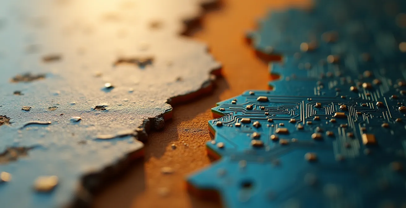 Macro shot of financial data with contrasting textures representing opinion and analysis