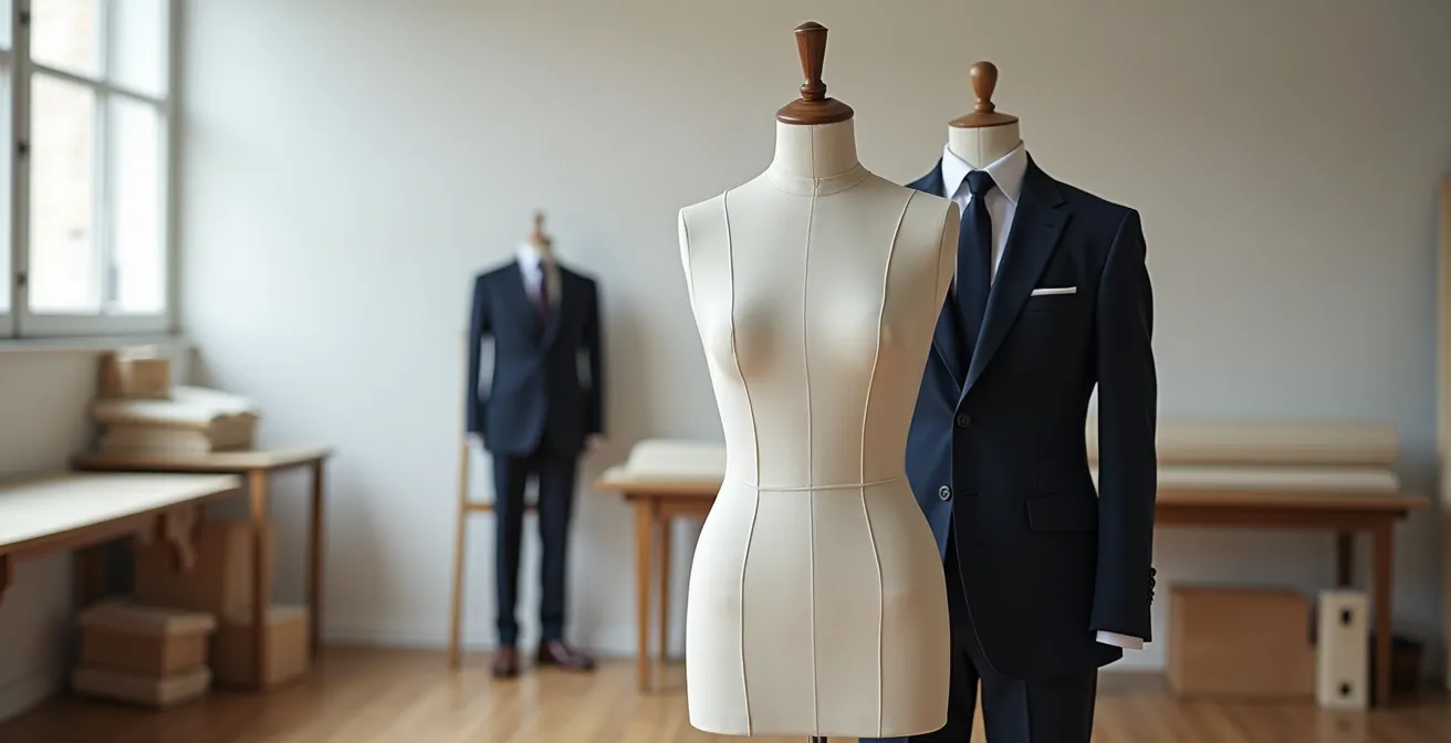 Side-by-side comparison of muslin fitting stage versus finished bespoke suit