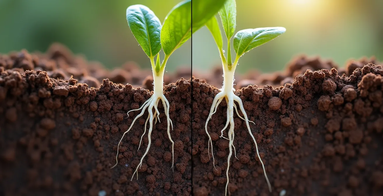 Cross-section view of plant roots in wet clay soil during extreme heat conditions