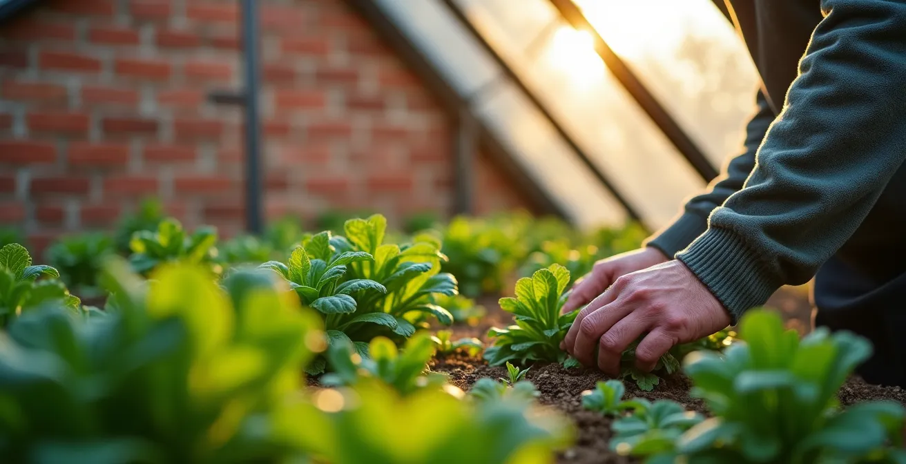Cold frame greenhouse structure against north-facing wall showing thermal mass benefits