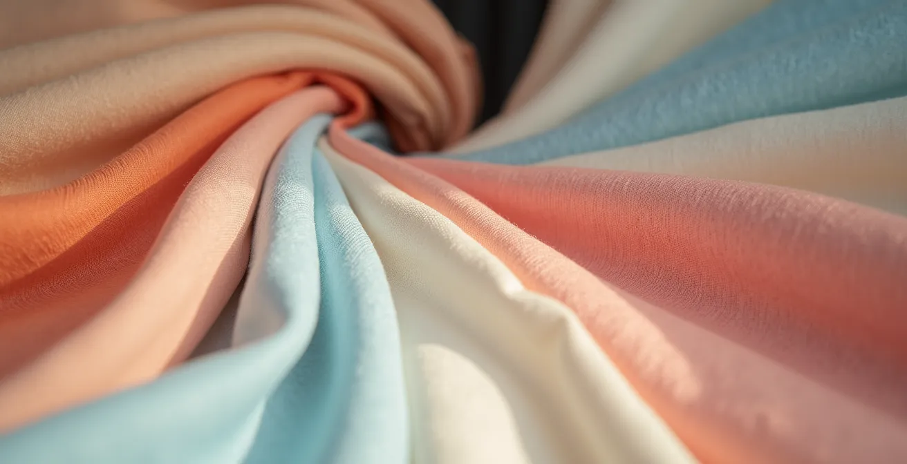 Person demonstrating color harmony with different fabric swatches reflecting light onto face