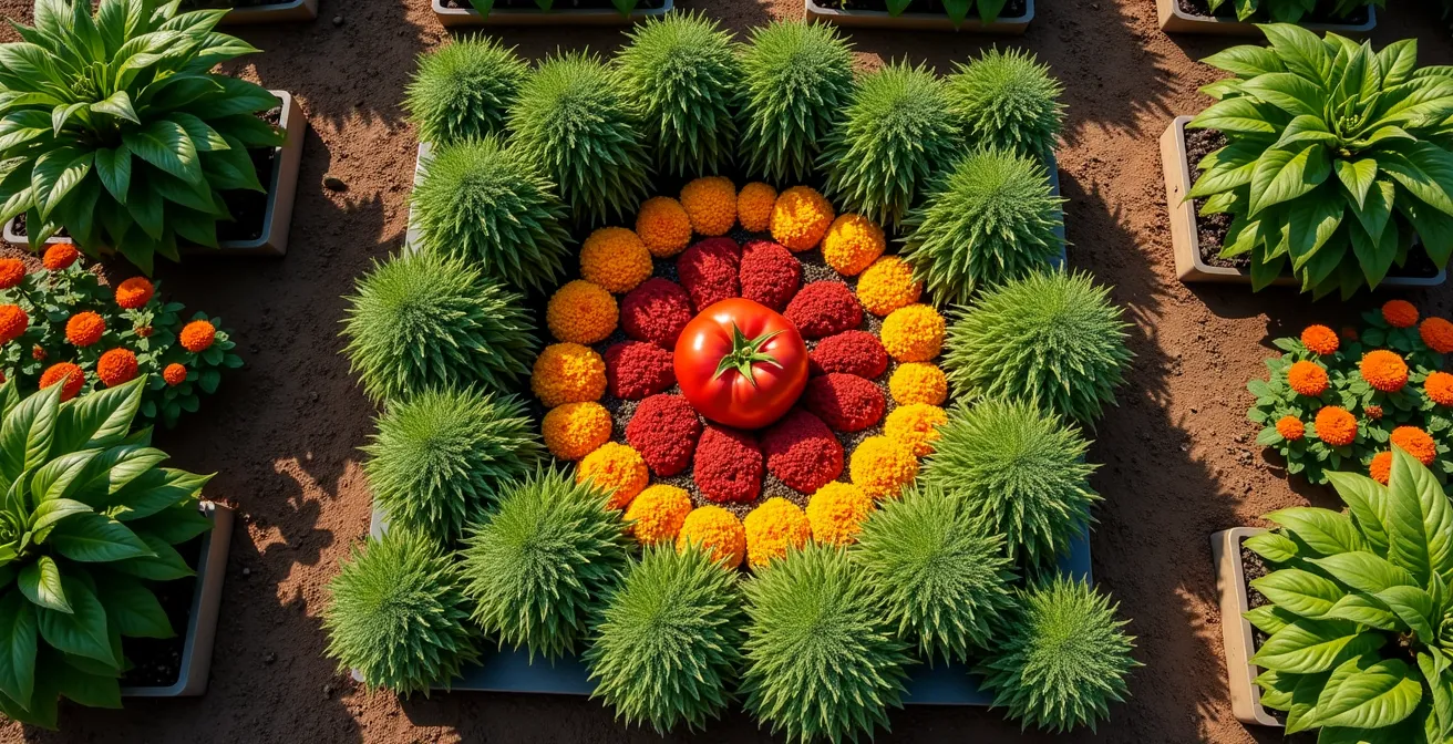Aerial view of tomato garden showing strategic companion planting with marigolds and herbs