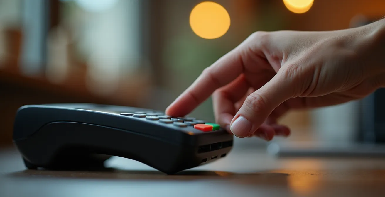 A close-up of hands showing hesitation and anxiety before making a payment decision.