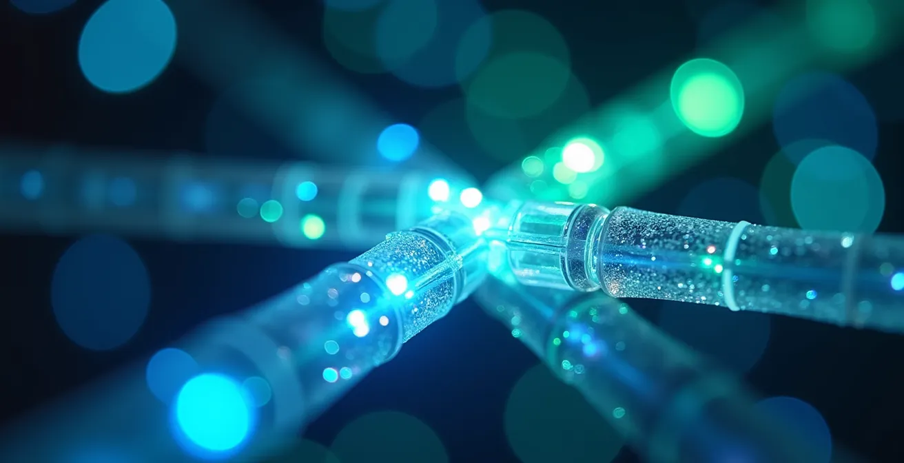 Extreme close-up of fiber optic cables showing data flow patterns