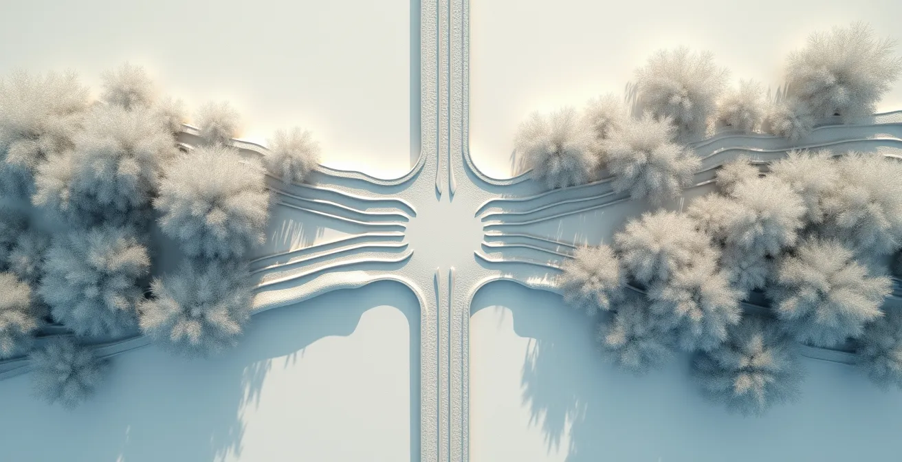 Aerial view of contrasting data pathways showing structured versus organic information flow