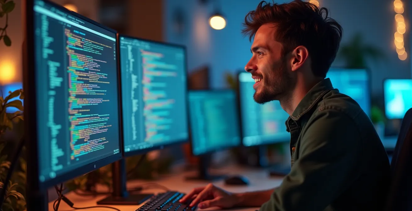 Software developer working alongside AI assistant in modern coding environment
