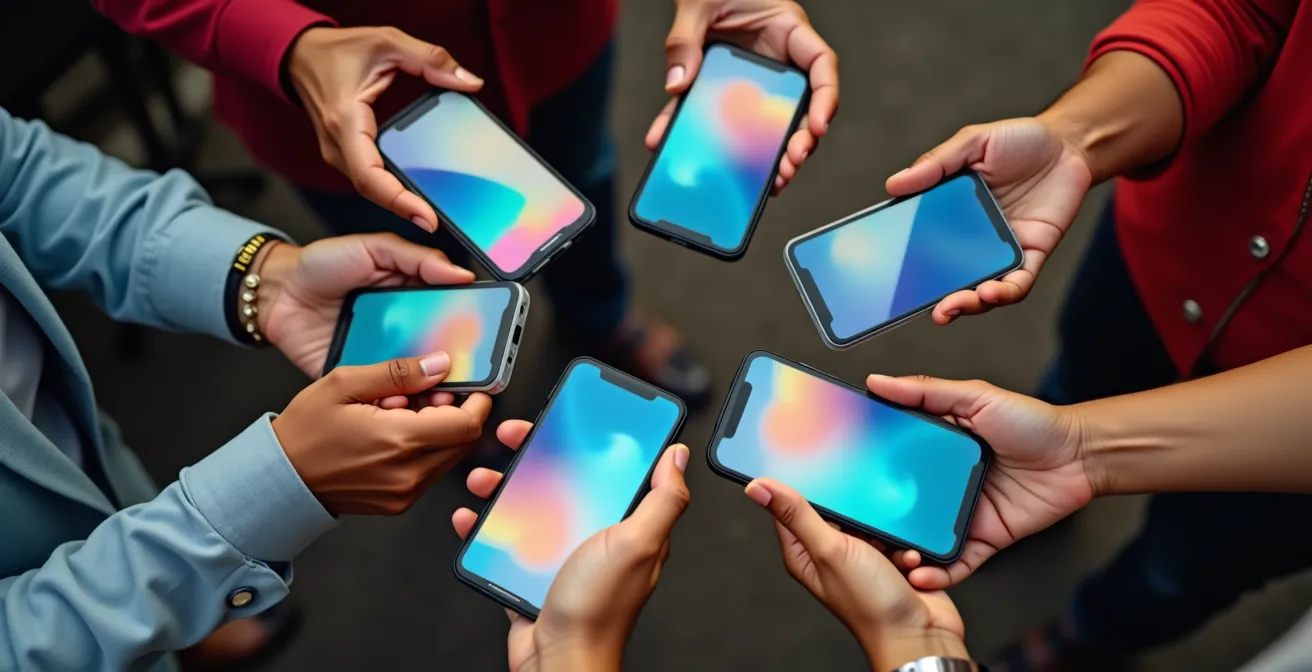 Hands holding mobile devices showing abstract payment patterns in emerging market setting