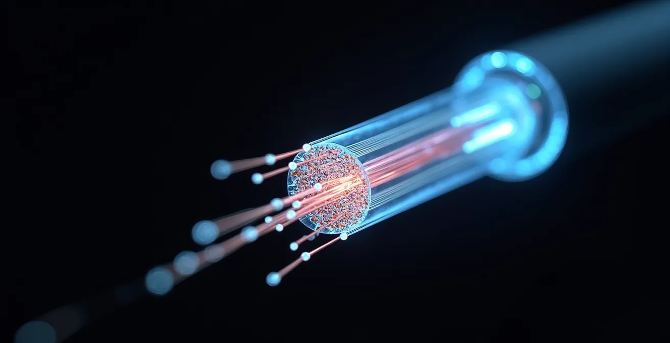 Extreme close-up of fiber optic cable showing light transmission through glass strands