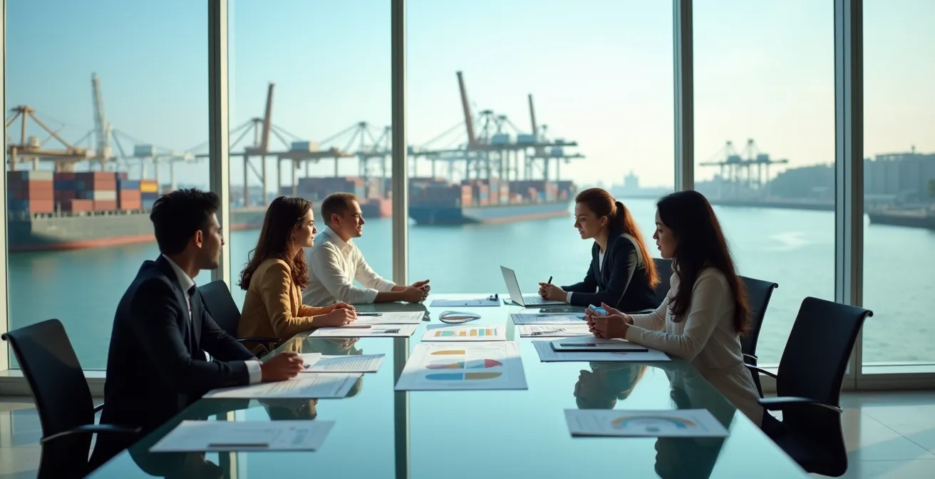 Business meeting reviewing freight forwarding documents and contracts