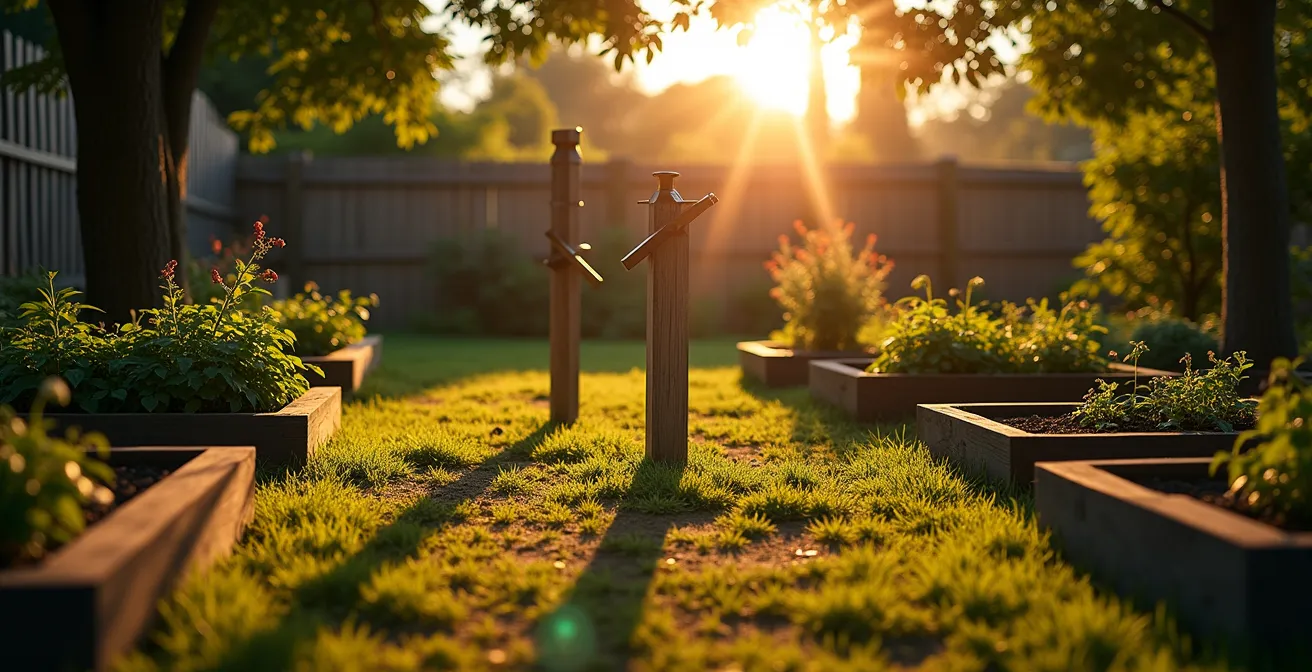 Garden showing dramatic light and shadow patterns across different zones throughout the day