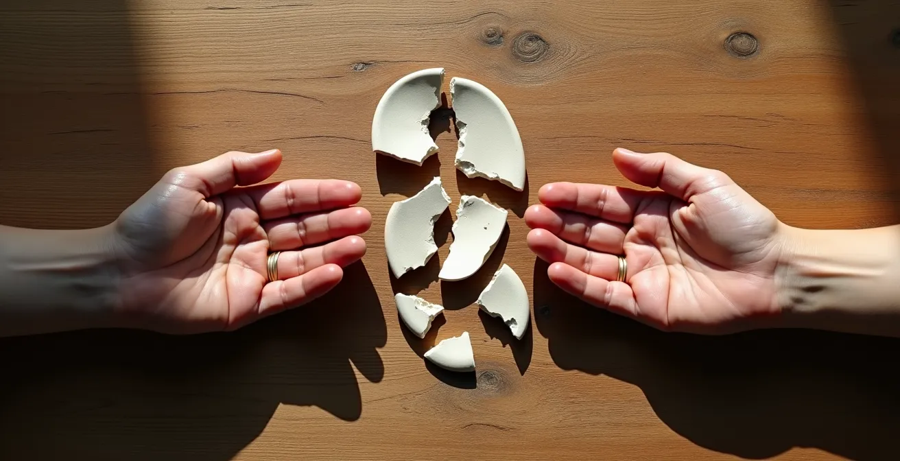 Two hands reaching toward each other across a wooden table showing vulnerability and reconciliation