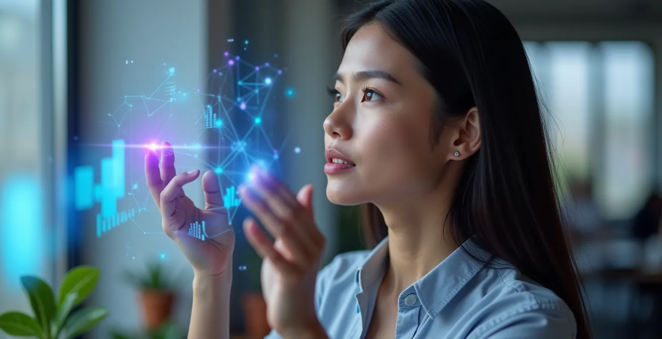 Portrait of diverse startup team member working with AI visualization