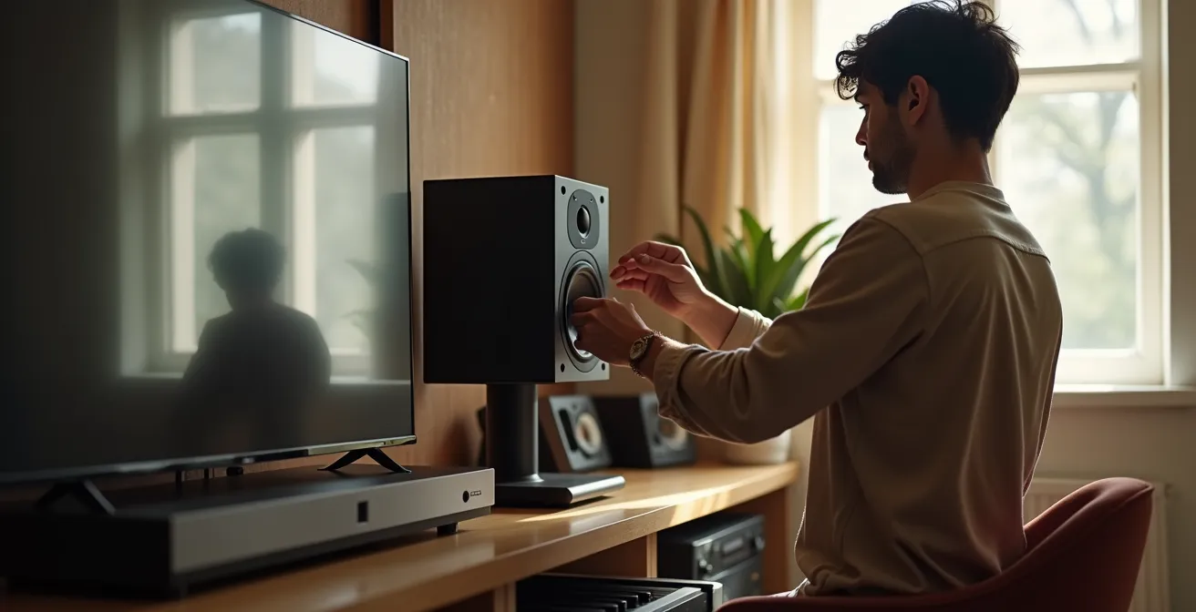 Person adjusting speaker position in small room showing optimal triangle setup