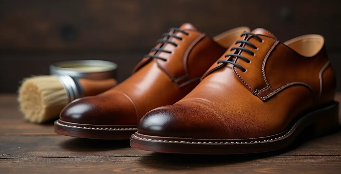 Close-up of well-maintained leather shoes with care products arranged nearby