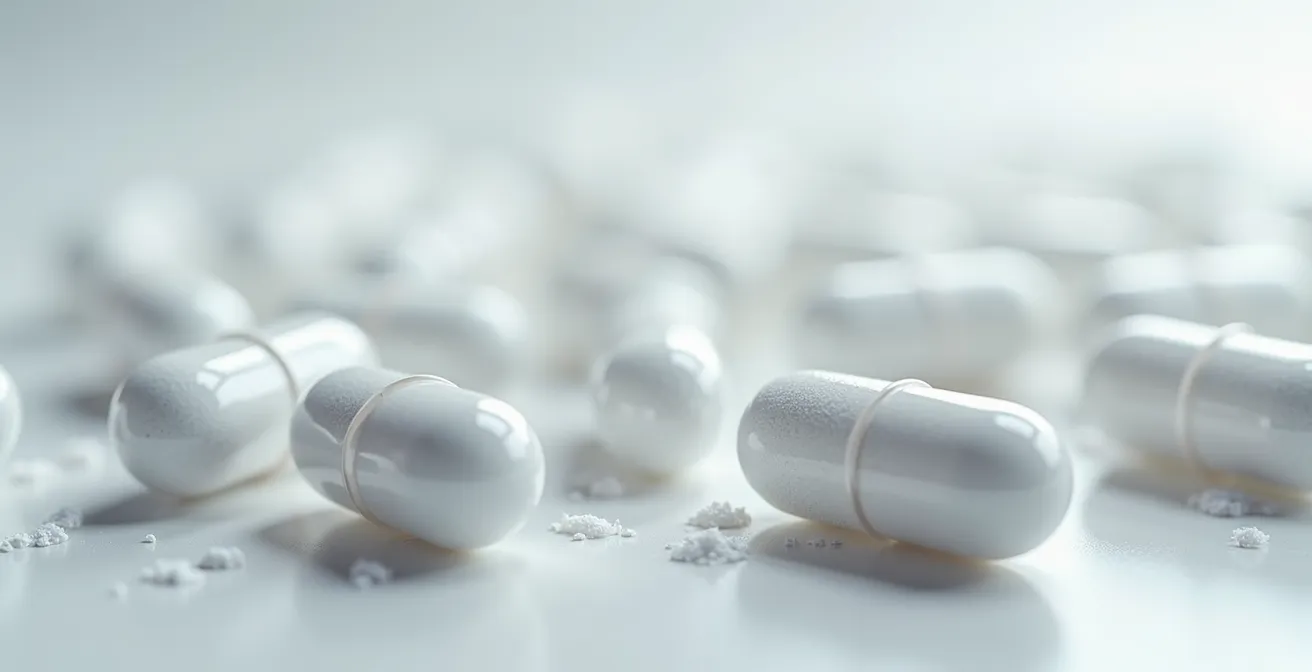 Extreme close-up of magnesium supplement capsules showing crystalline texture