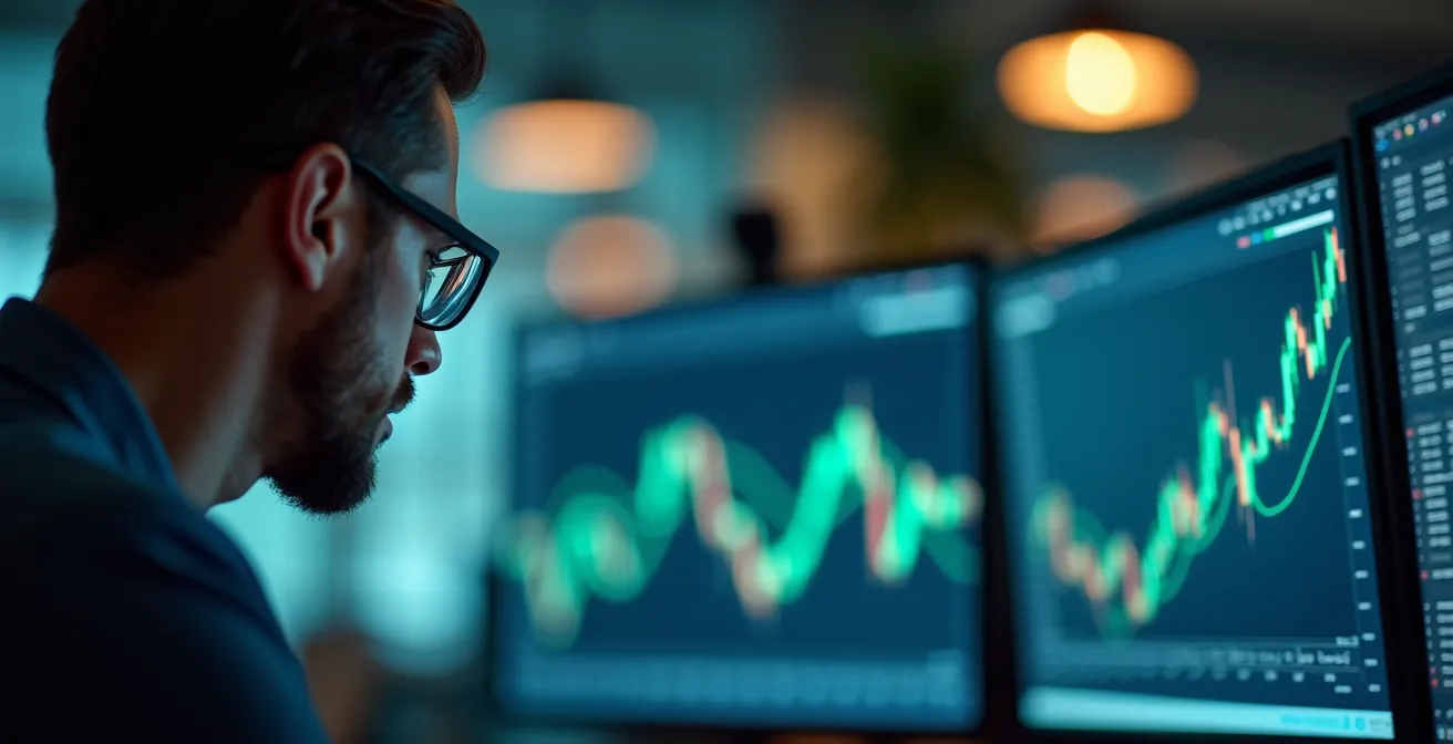 Financial analyst studying market cycles on multiple monitors with charts and graphs