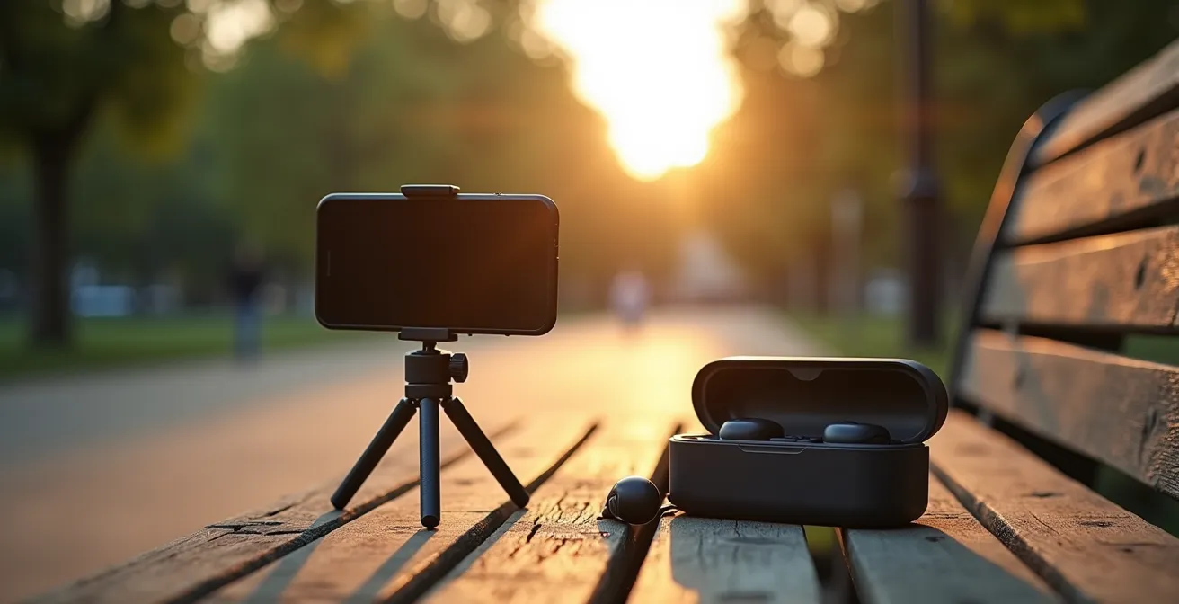 Minimalist mobile vlogging setup in natural outdoor environment