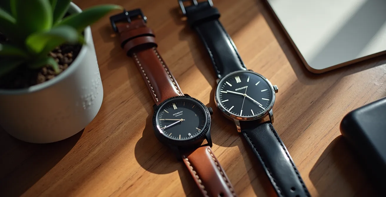 Elegant comparison of smartwatch with leather strap next to classic dress watch