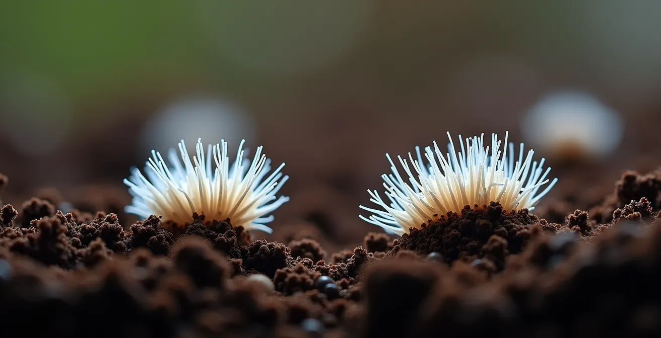 Extreme macro view of soil showing intact and broken fungal hyphae networks