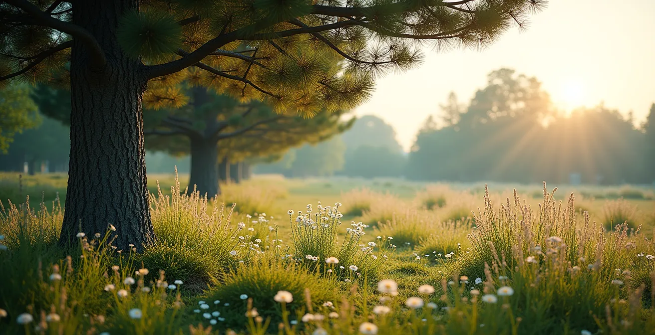 Native evergreen tree providing shade and creating a cool microclimate for garden plants during summer heat