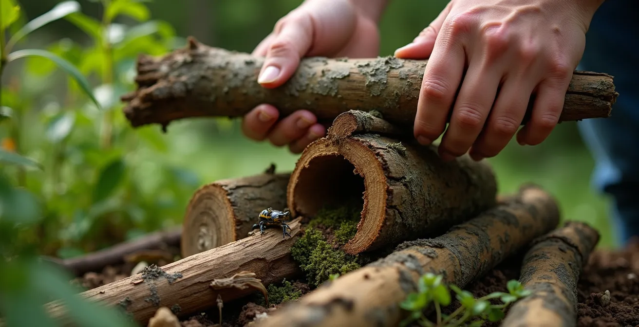 A decomposing log pile showing various stages of decay with visible wildlife activity