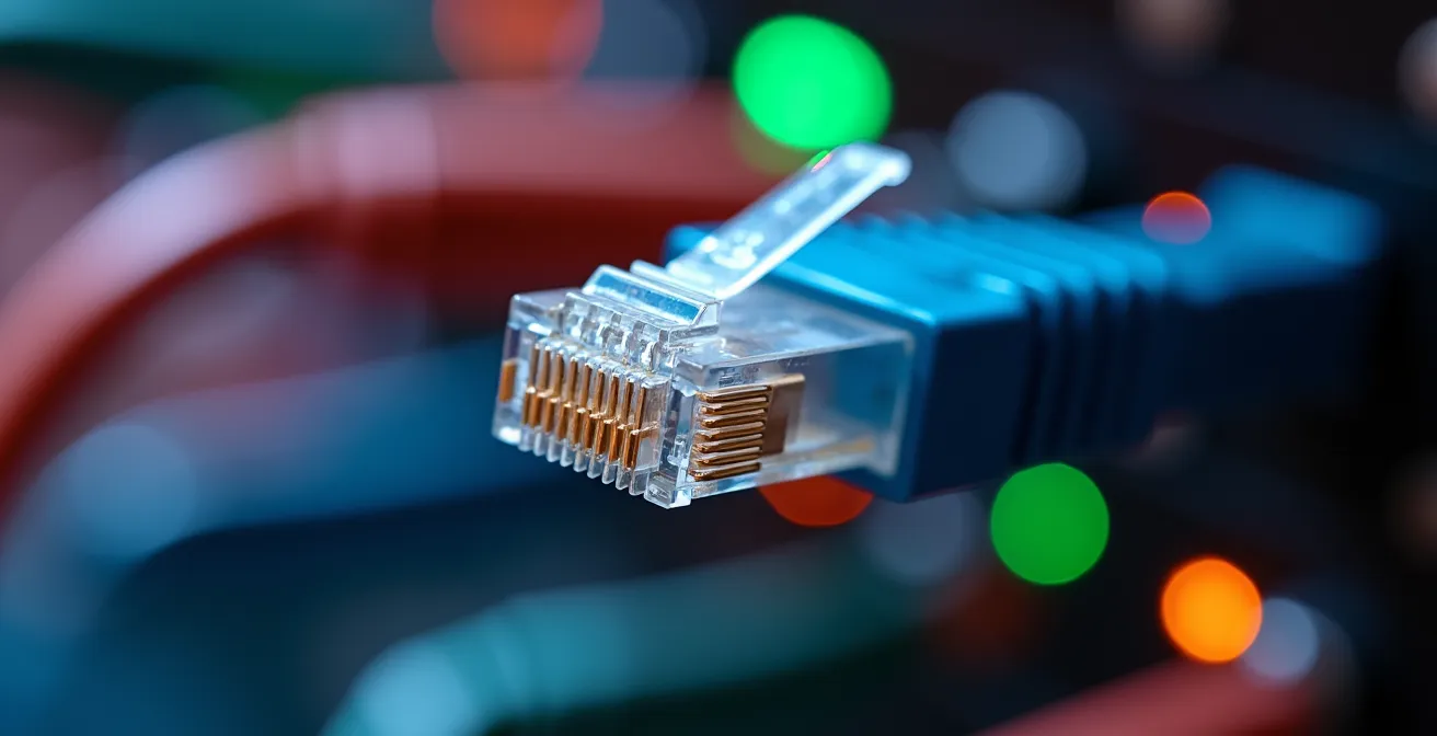 Extreme close-up of ethernet cable connectors showing network infrastructure