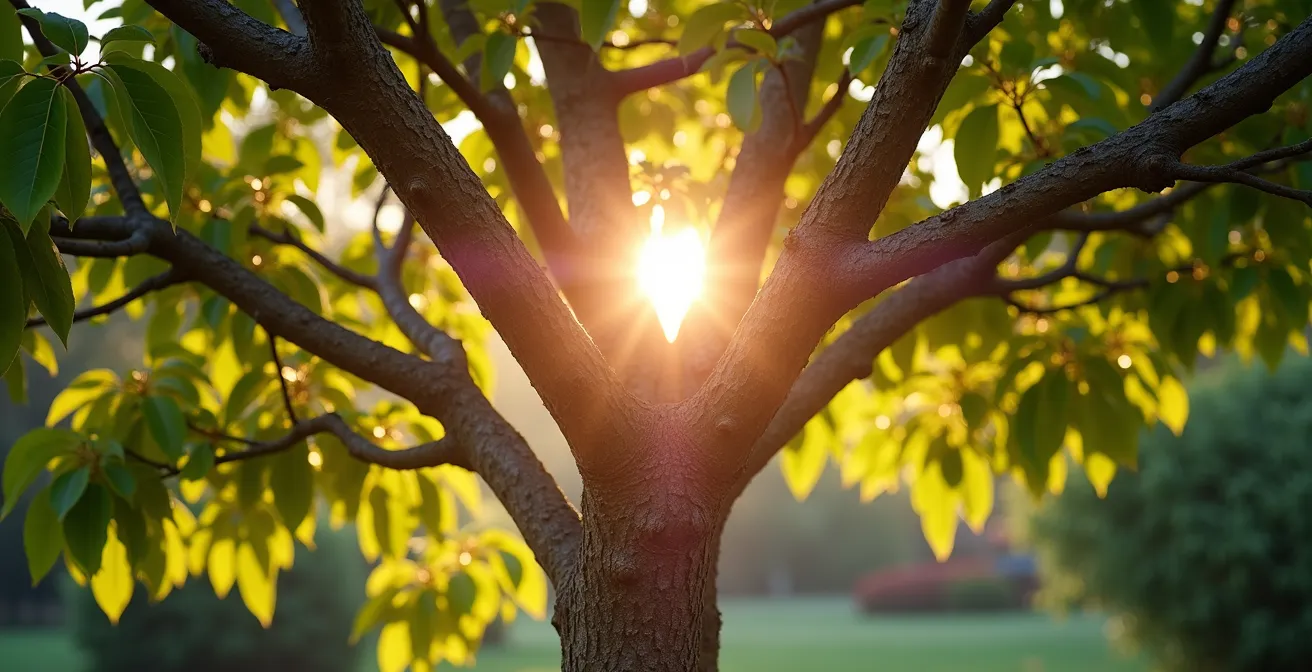Cross-section view of open-center pruned peach tree showing light penetration patterns