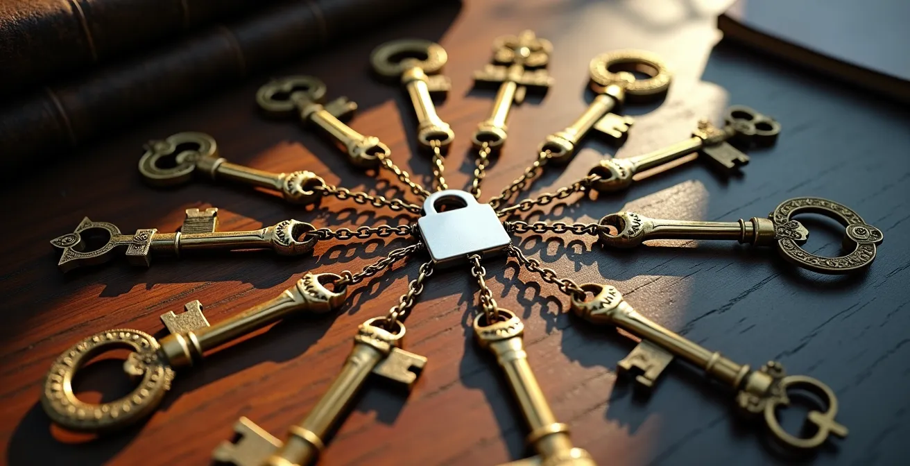 Complex network of interconnected brass keys and digital locks showing encryption key management