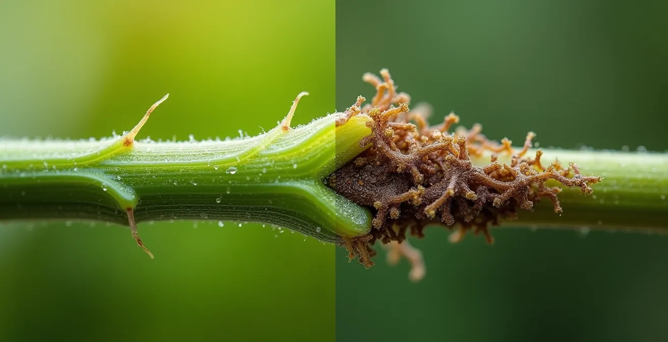 Extreme close-up of plant stem showing healthy versus damaged tissue texture