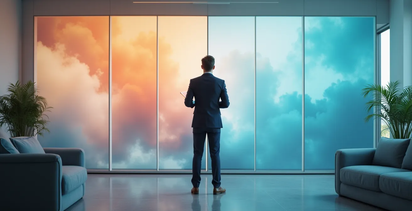 Business executive analyzing product portfolio on transparent boards