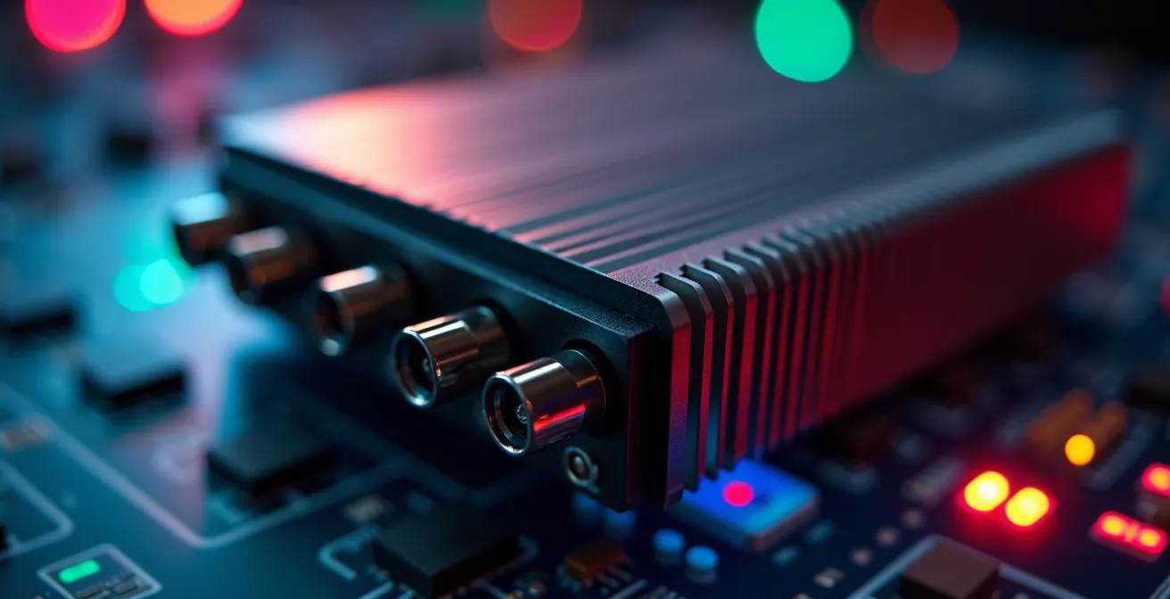 Extreme close-up of professional 5G modem connectors and antenna ports