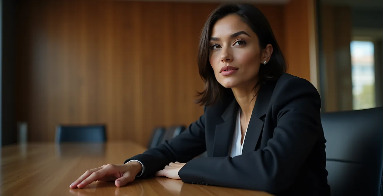 Business professional in perfectly fitted jacket demonstrating confident posture and gestures