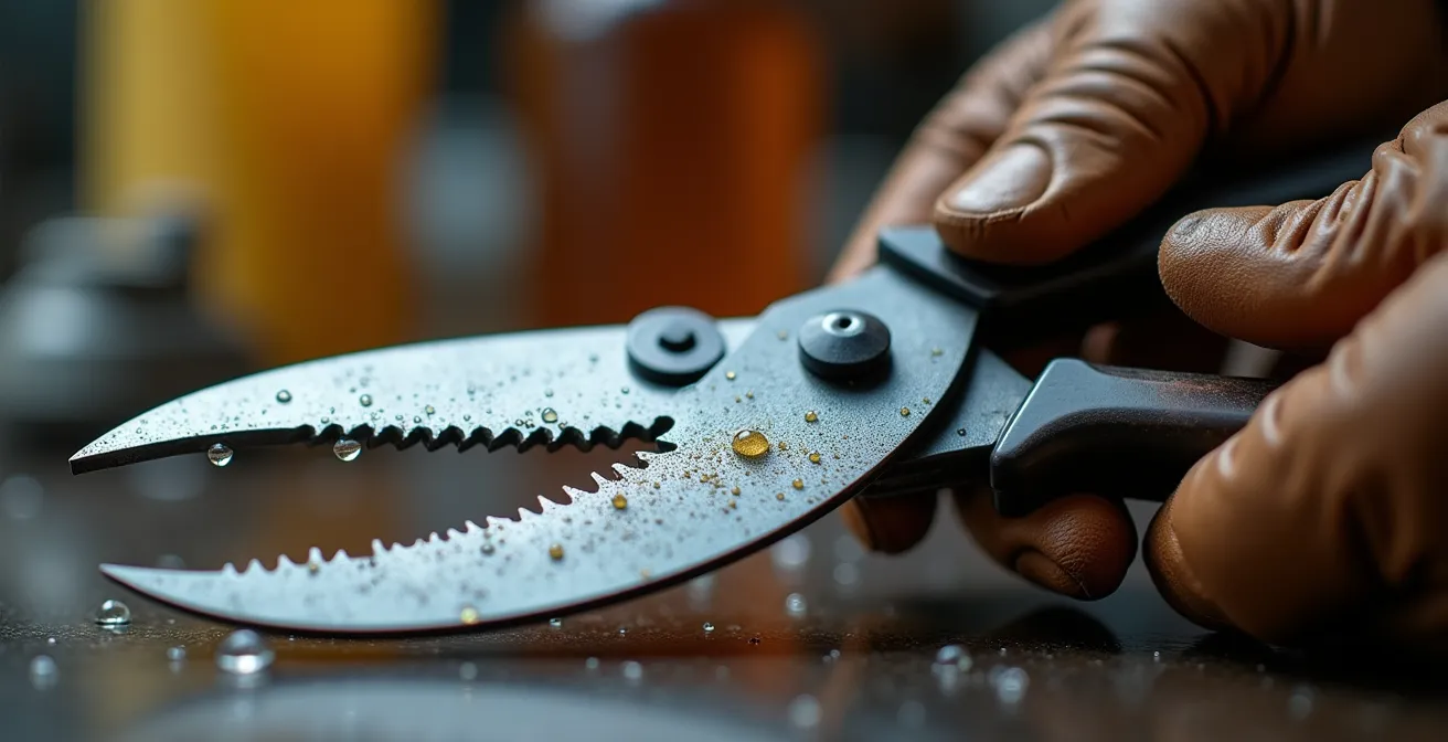 Close-up of pruning shears being cleaned with alcohol showing sterilization process