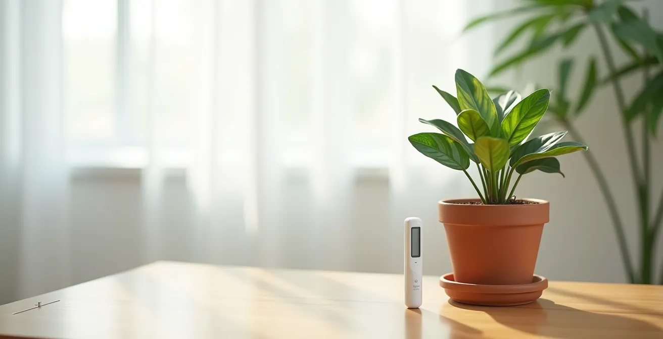 Wide shot of recently repotted houseplant in bright, indirect light recovery space