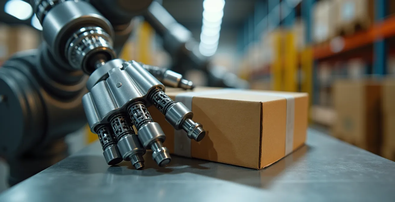 Macro view of robotic gripper precisely handling packages in automated fulfillment center