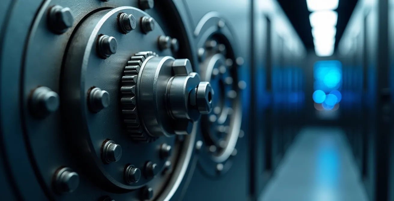 High-security vault with biometric access controls and server infrastructure