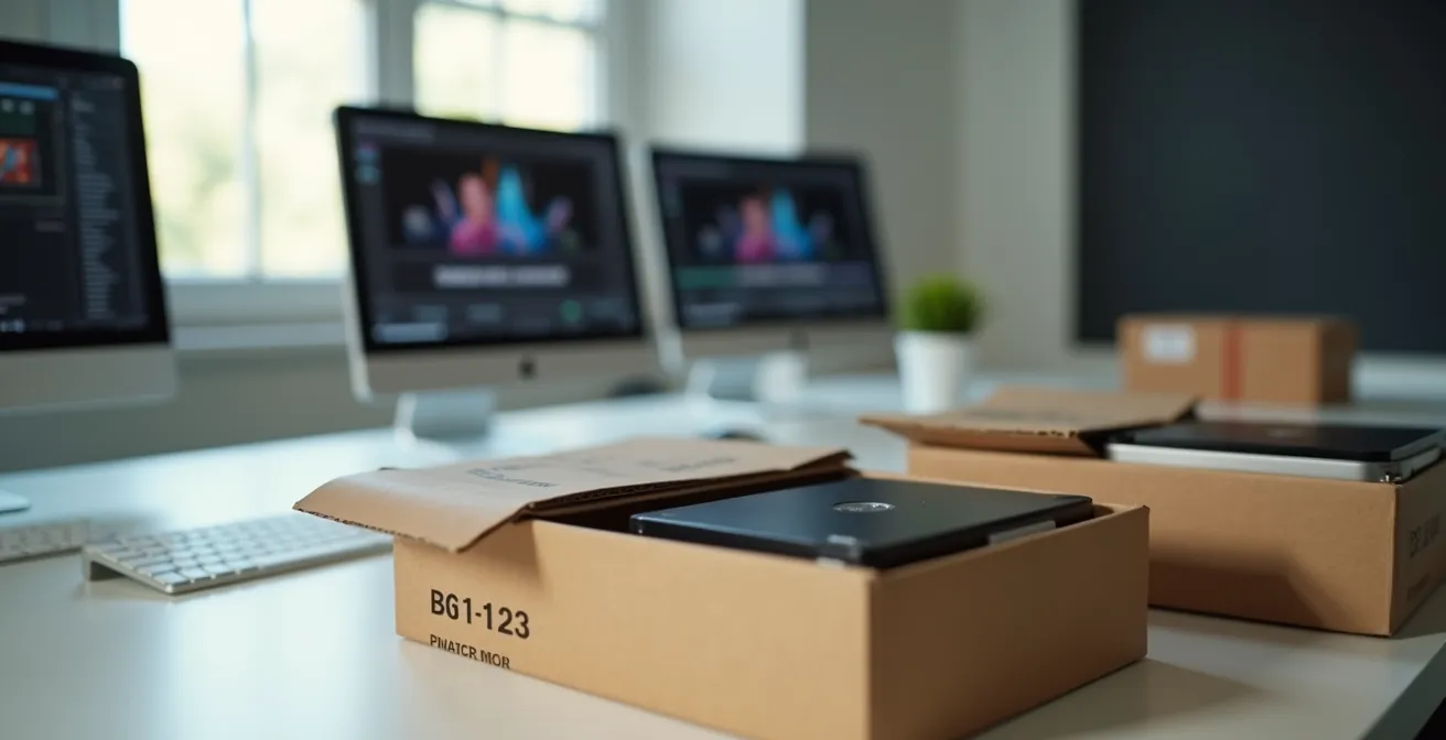 Professional workspace with packaged hard drives ready for shipping alongside creative equipment