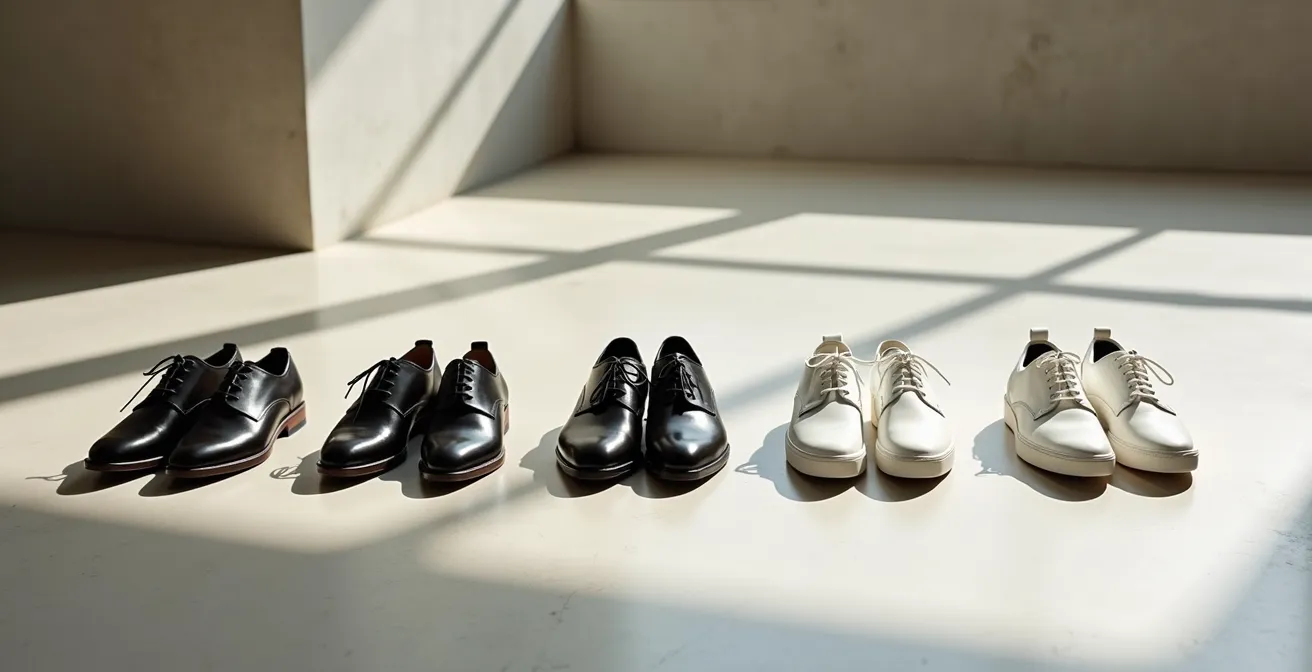 Professional shoes arranged from most to least formal, showing a progression from patent leather Oxfords to clean white sneakers.