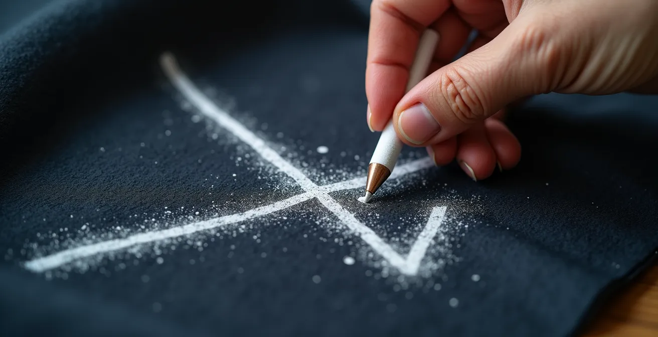 Tailor marking adjustments with chalk on a suit jacket during fitting consultation