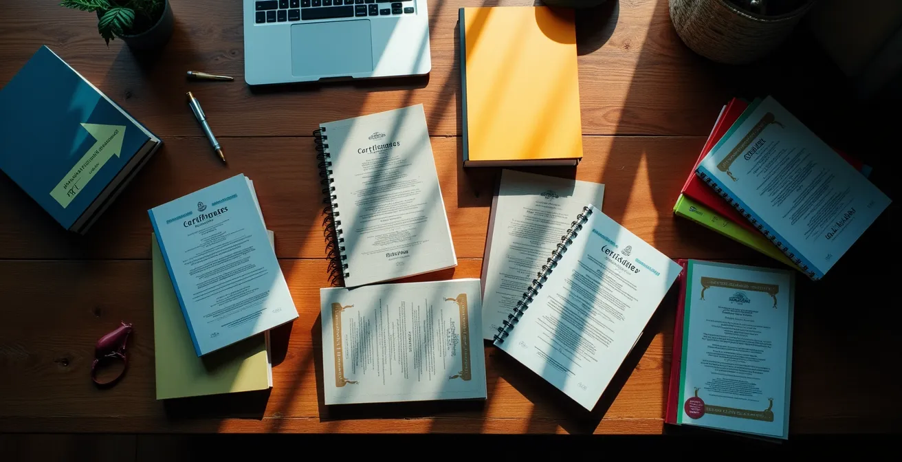 Tech professional reviewing multiple certification paths for career advancement