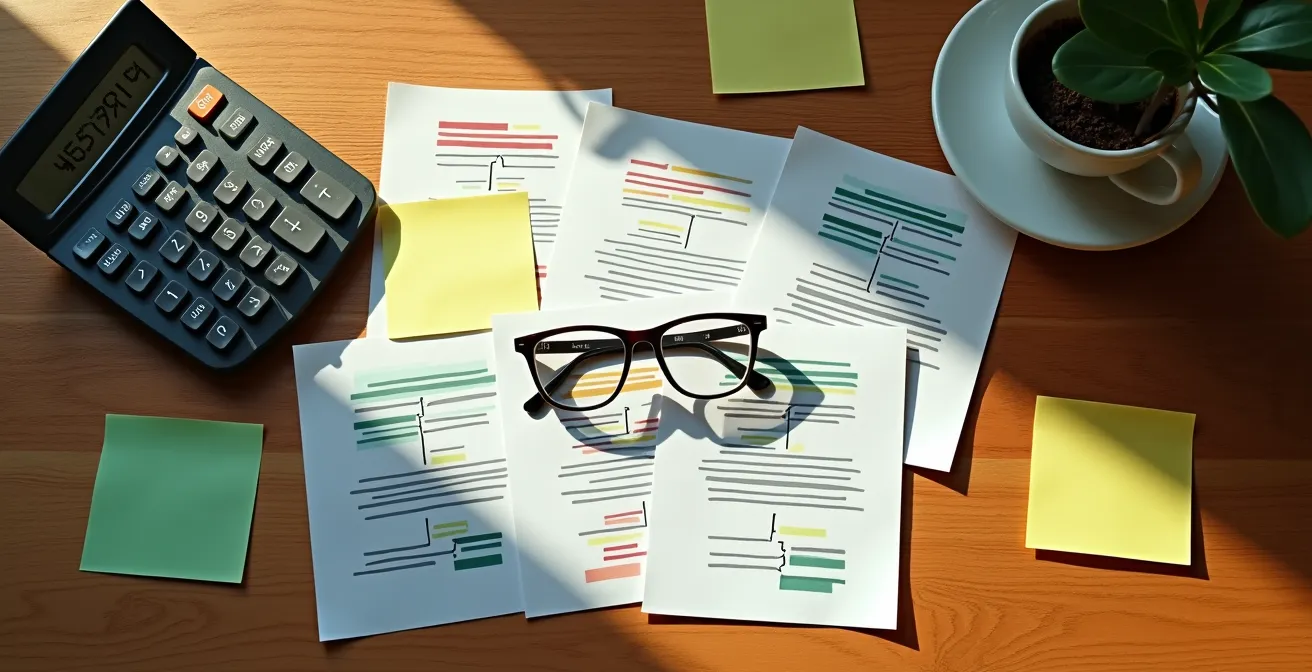 Healthcare administrator organizing billing documents and codes on a desk with calculator and forms visible
