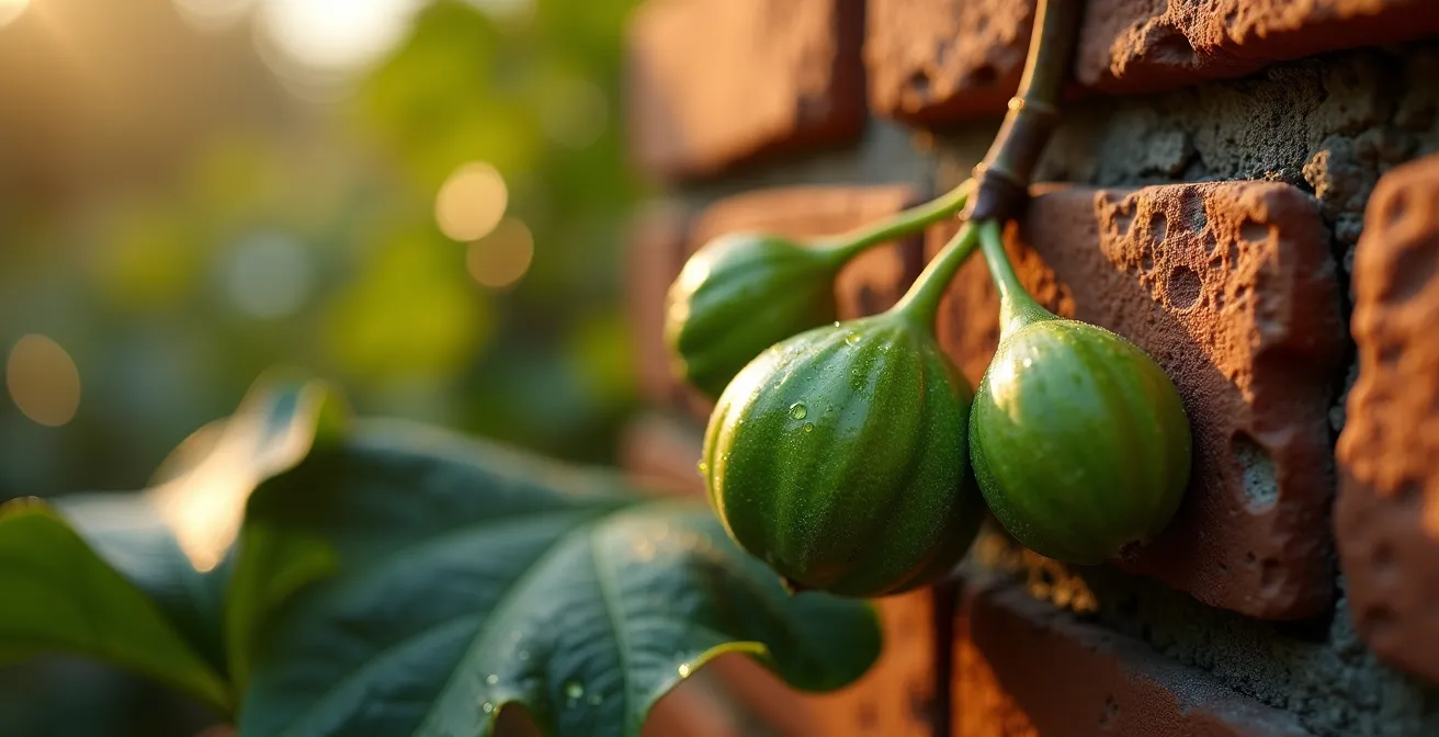 Close-up of fig tree growing against sunlit brick wall showing heat radiating effect