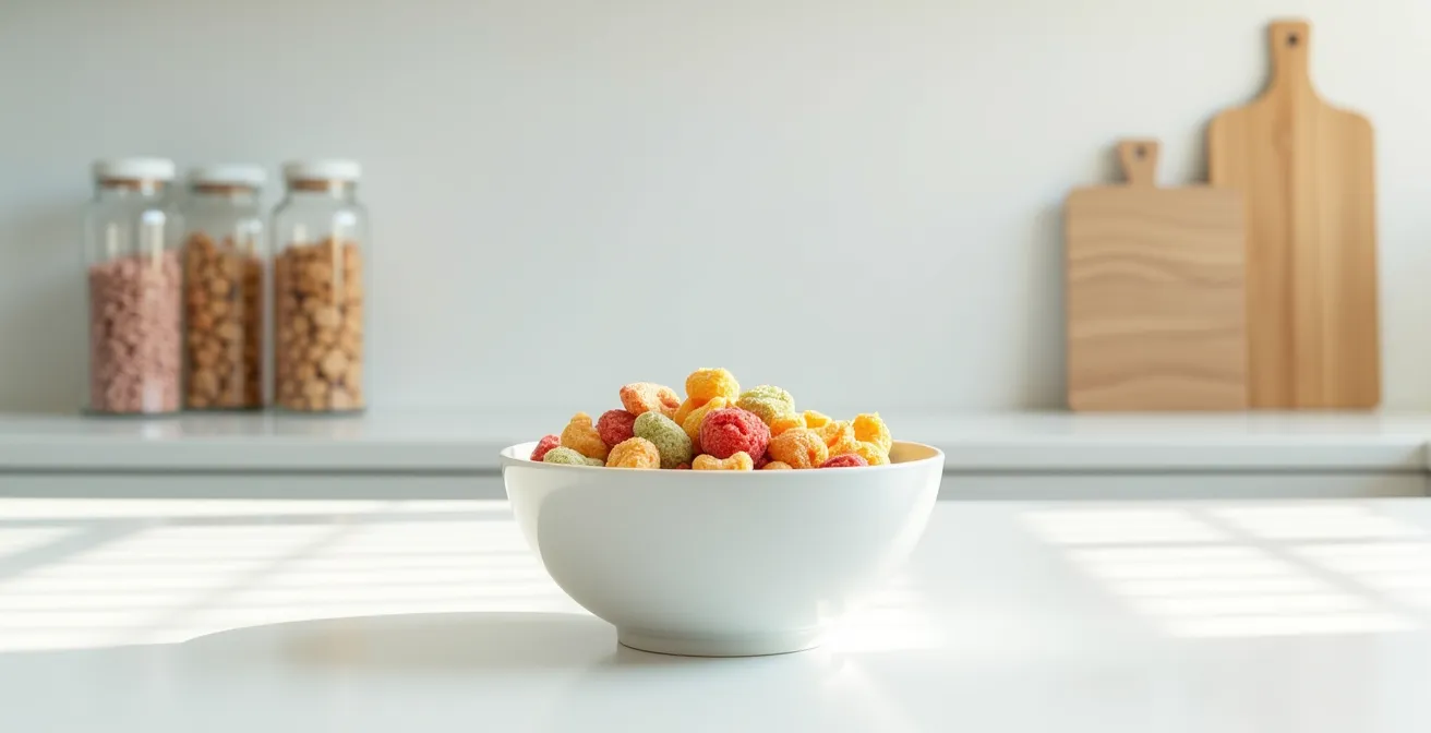Wide shot showing fortified cereals in minimalist kitchen setting with dramatic lighting
