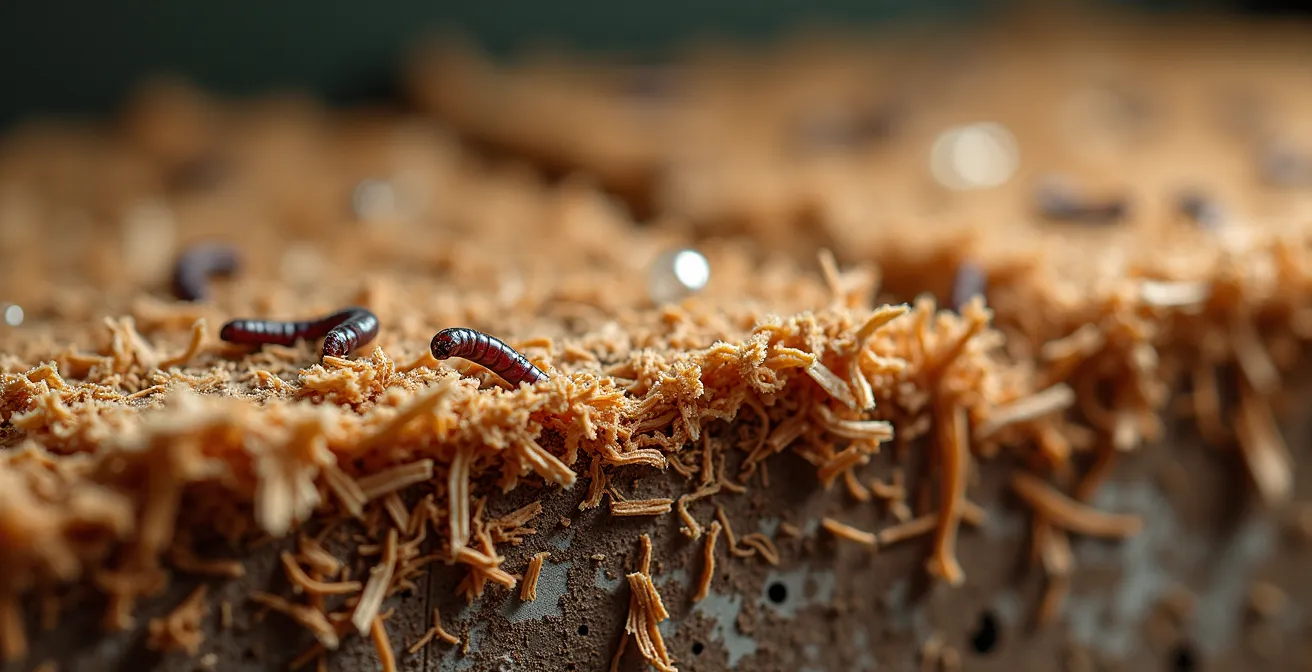 Cross-section of indoor worm bin showing thick bedding layer acting as natural biofilter
