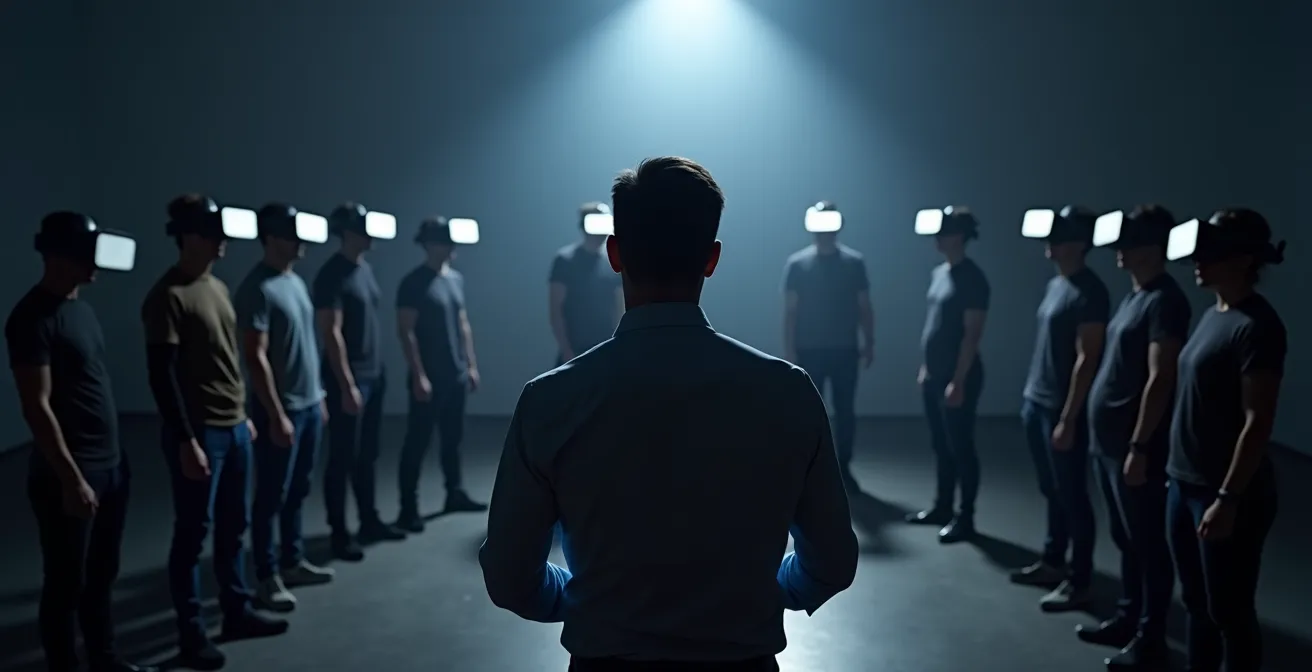 VR facilitator observing team members during virtual reality training