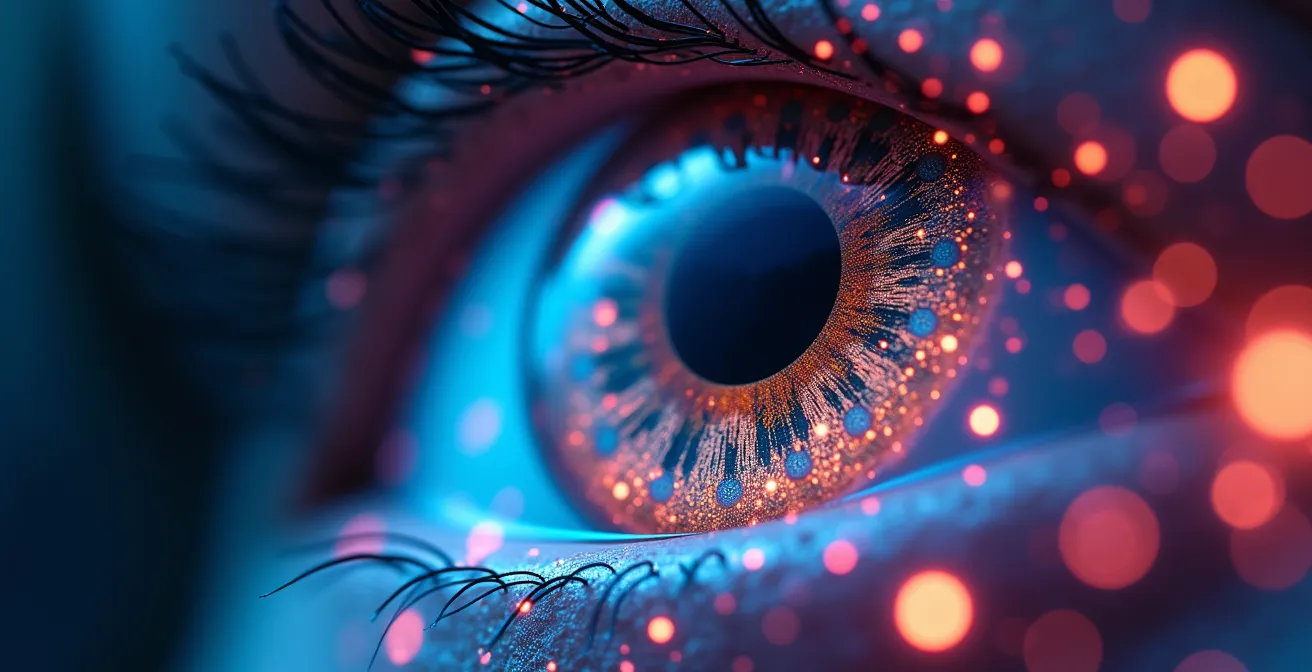 Macro view of VR headset lens with light patterns suggesting neural connections