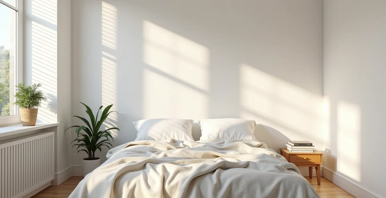 Wide angle view of empty bedroom with dramatic light patterns showing time progression
